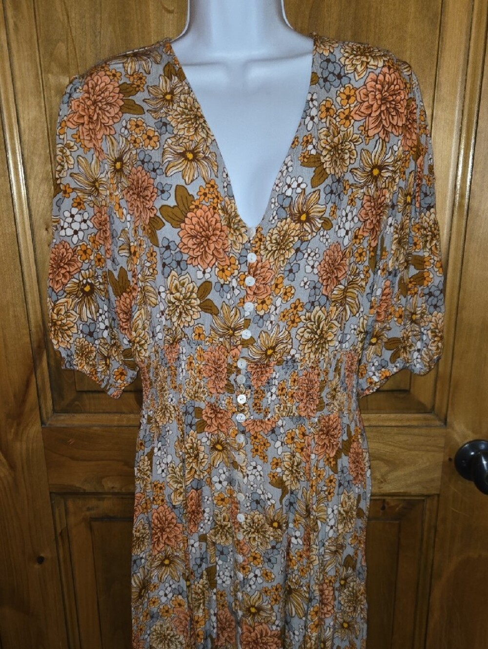 Talisman Floral Button-Front Midi Dress in Rust and Cream